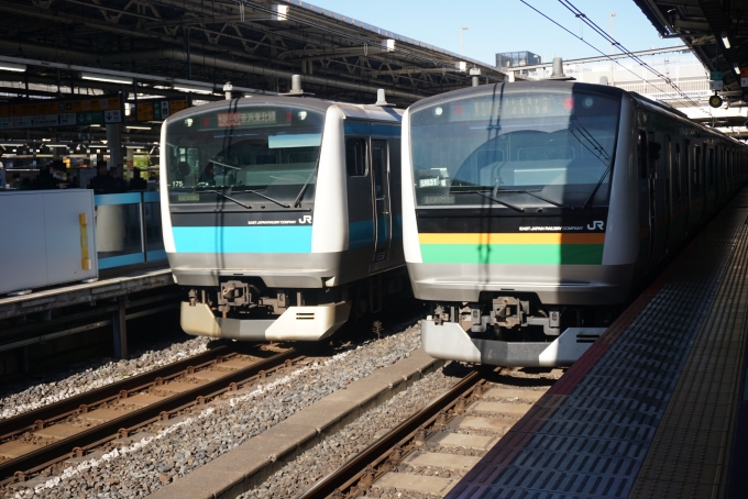 鉄道乗車記録の写真:乗車した列車(外観)(6)        「左はJR東日本 クハE232-1075
右はJR東日本 クハE232-3031」