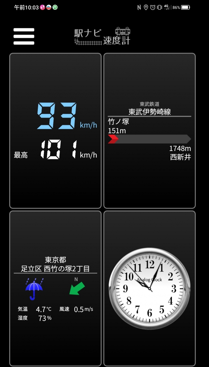 鉄道乗車記録の写真:旅の思い出(4)        「竹ノ塚→西新井を時速93キロで走行中」