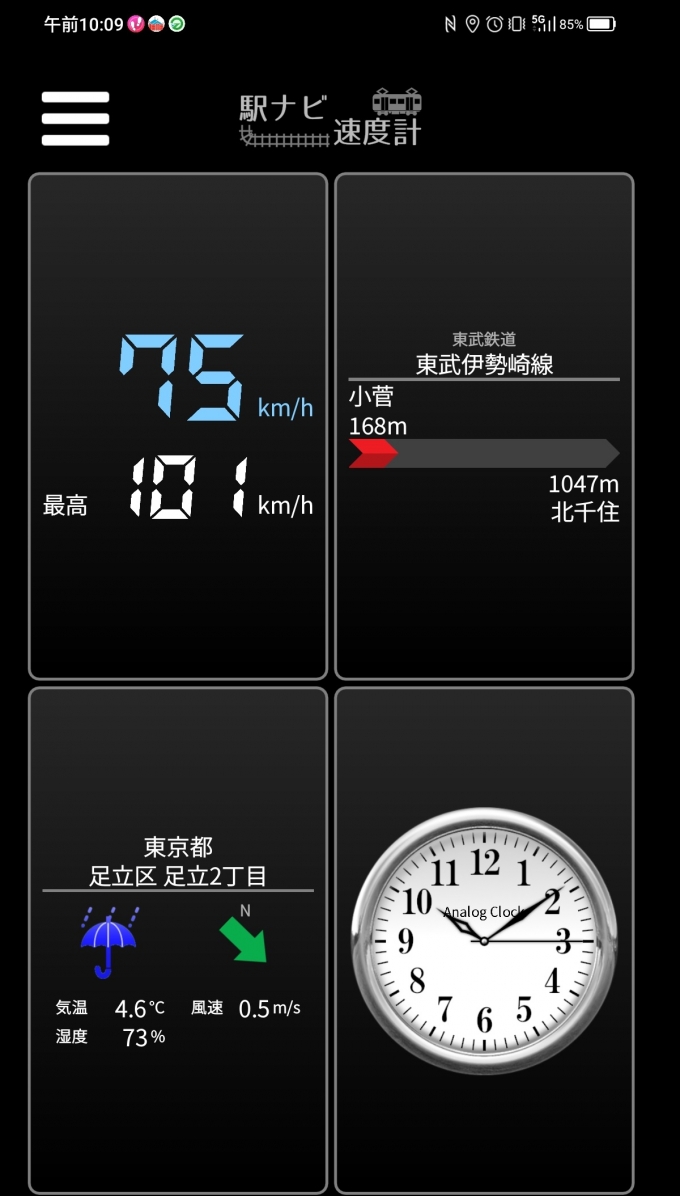 鉄道乗車記録の写真:旅の思い出(5)        「小菅→北千住を時速75キロで走行中」