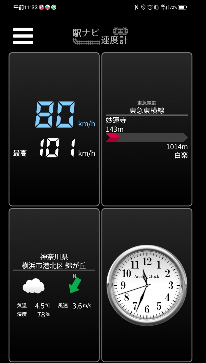 鉄道乗車記録の写真:旅の思い出(4)        「妙蓮寺→白楽を時速80キロで走行中」