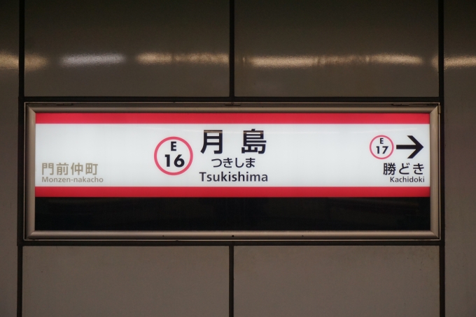 鉄道乗車記録の写真:駅名看板(7)        「大江戸線月島駅」