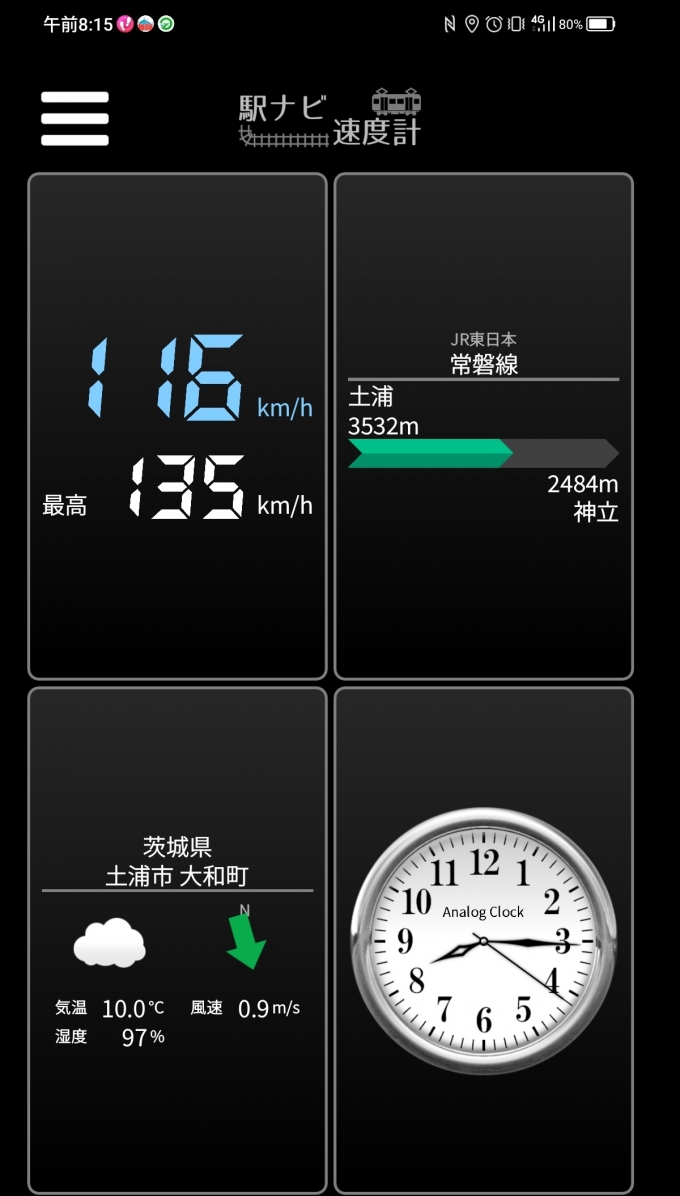 鉄道乗車記録の写真:旅の思い出(14)        「土浦→神立を時速116キロで走行中」