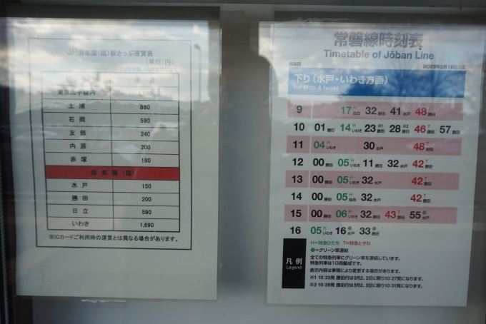 鉄道乗車記録の写真:駅舎・駅施設、様子(22)        「偕楽園駅時刻表ときっぷ運賃」