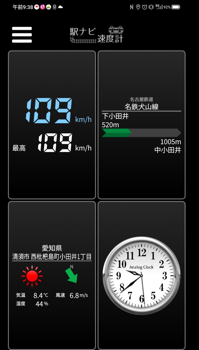 鉄道乗車記録の写真:旅の思い出(8)        「下小田井→中小田井を時速109キロで走行中」