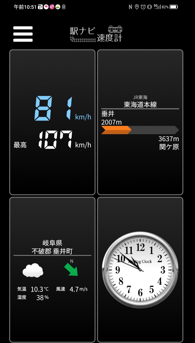 鉄道乗車記録の写真:旅の思い出(5)        「垂井→関ヶ原を時速81キロで走行中」
