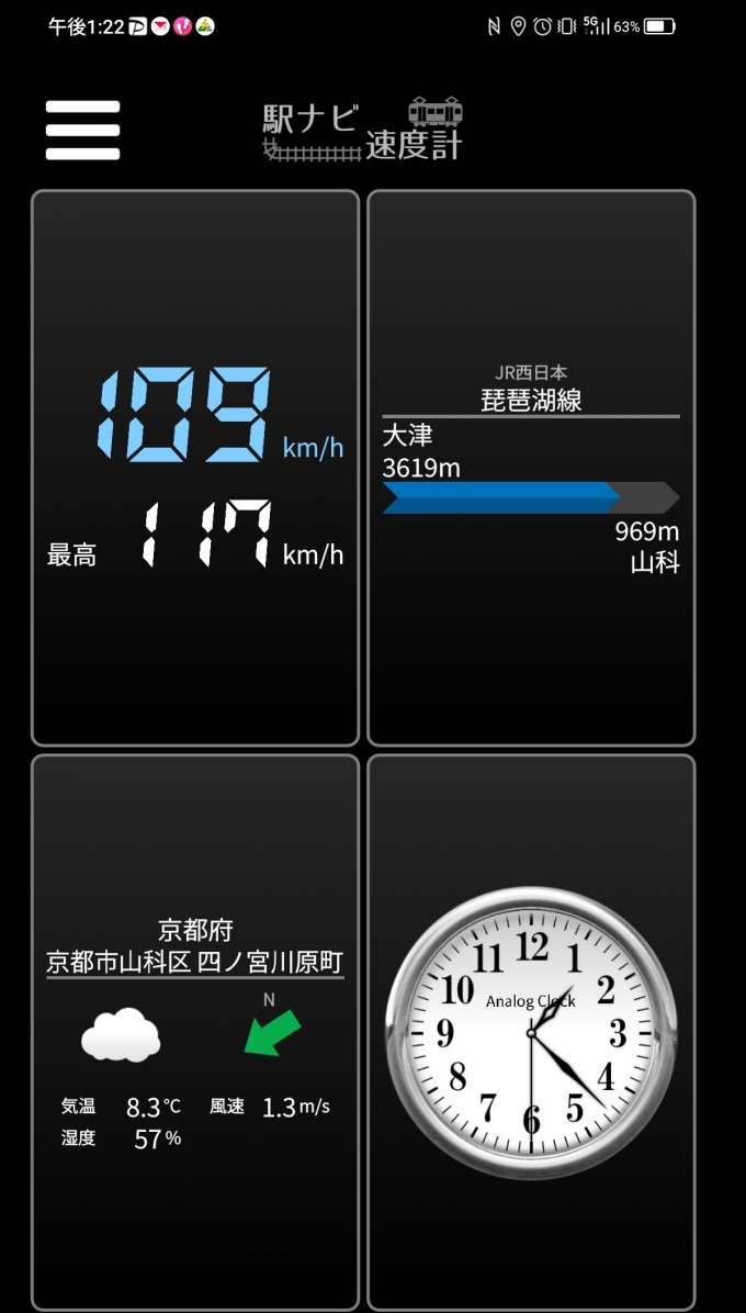 鉄道乗車記録の写真:旅の思い出(8)        「大津→山科を時速109キロで走行中」