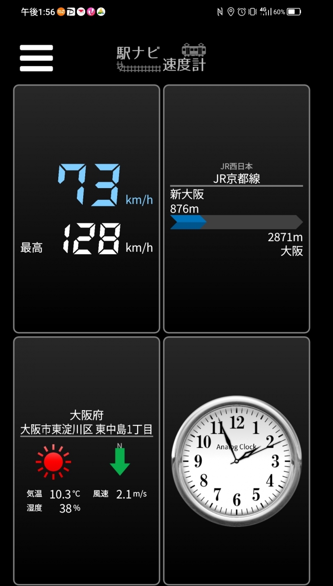 鉄道乗車記録の写真:旅の思い出(18)        「新大阪→大阪を時速73キロで走行中」