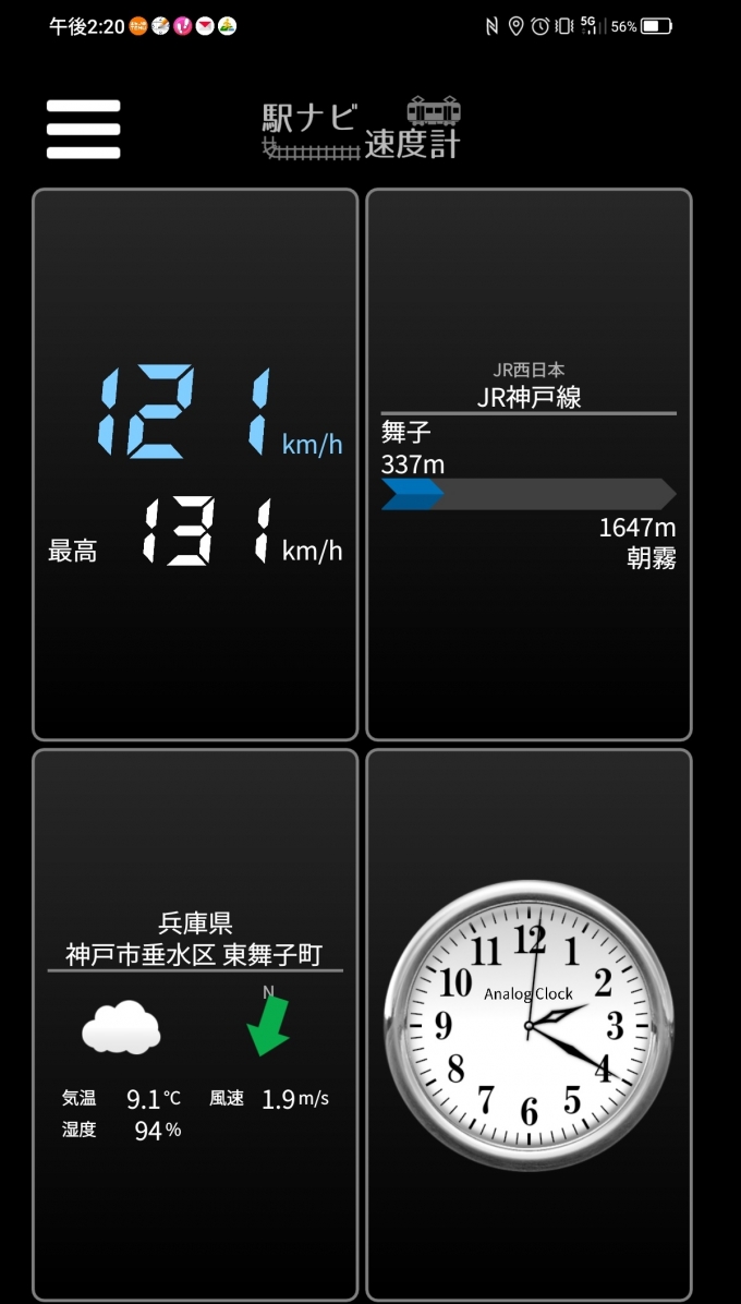 鉄道乗車記録の写真:旅の思い出(10)        「舞子→朝霞を時速121キロで走行中」