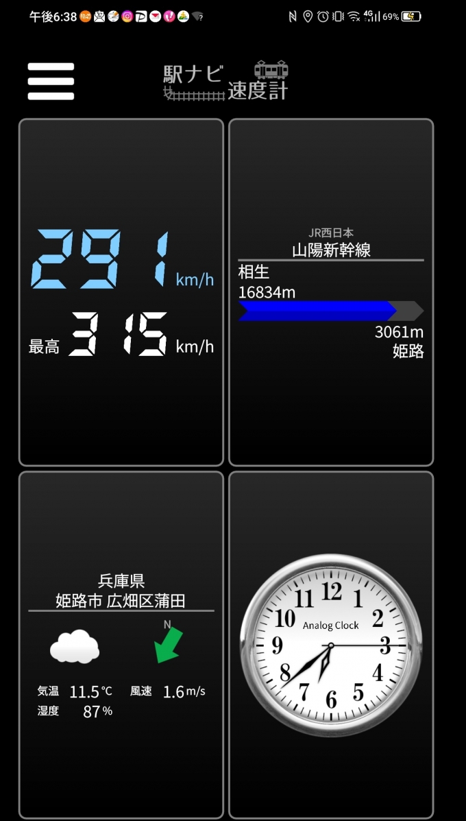 鉄道乗車記録の写真:旅の思い出(11)        「相生→姫路を時速291キロで走行中」