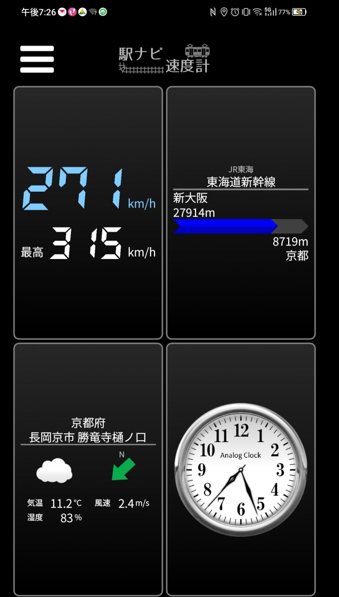 鉄道乗車記録の写真:旅の思い出(13)        「新大阪→京都を時速271キロで走行中」