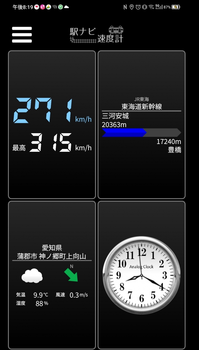 鉄道乗車記録の写真:旅の思い出(15)        「三河安城→豊橋を時速271キロで走行中」