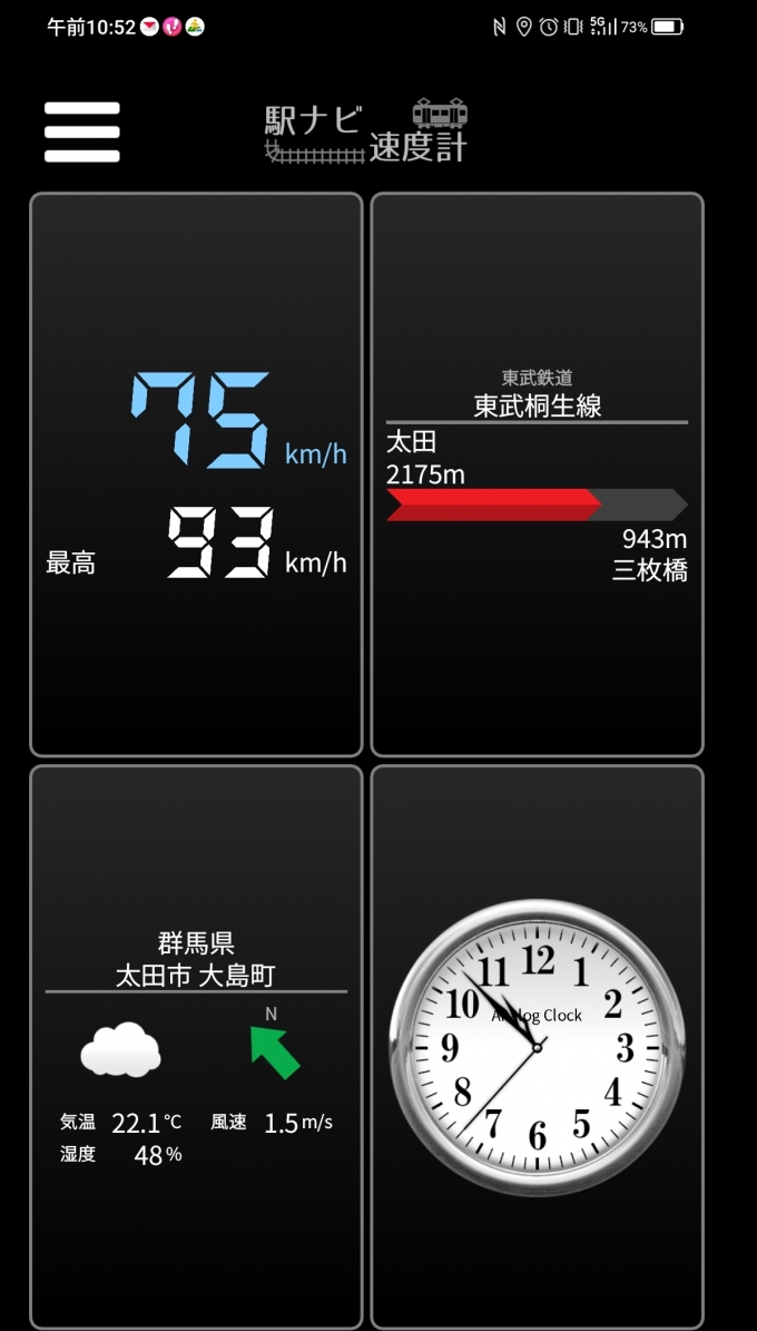 鉄道乗車記録の写真:旅の思い出(7)        「太田→三枚橋を時速75キロで走行中」