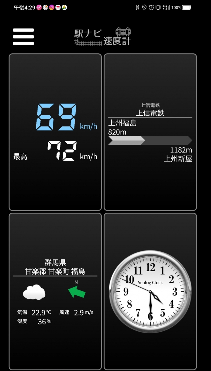 鉄道乗車記録の写真:旅の思い出(5)        「上州福島→上州新屋を時速69キロで走行中」