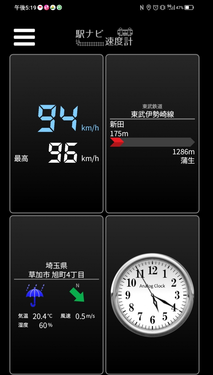 鉄道乗車記録の写真:旅の思い出(7)        「新田→蒲生を時速94キロで走行中」