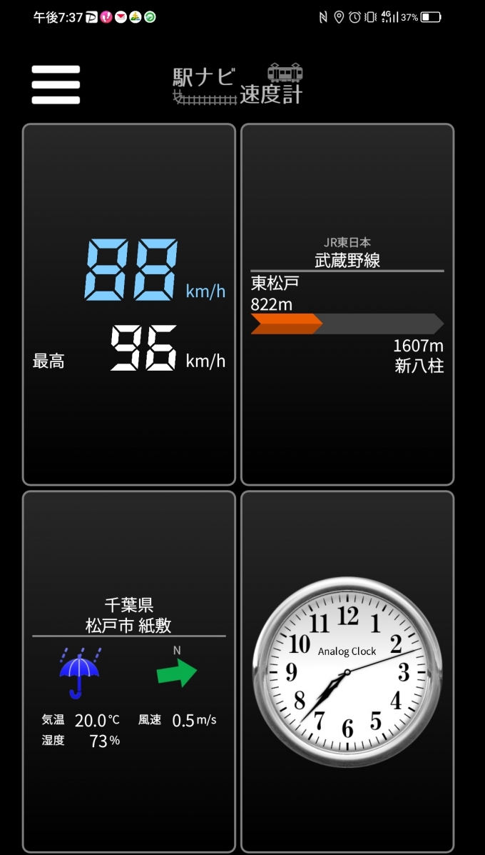 鉄道乗車記録の写真:旅の思い出(6)        「東松戸→新八柱を時速88キロで走行中」