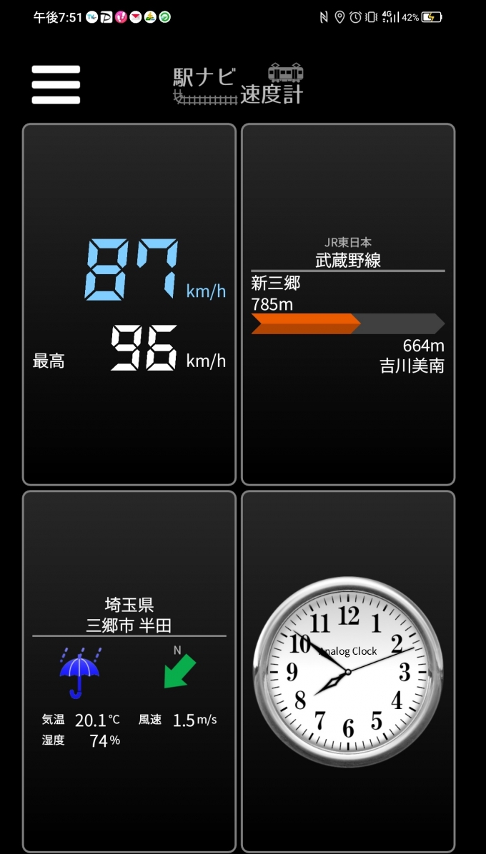 鉄道乗車記録の写真:旅の思い出(8)        「新三郷→吉川美南を時速87キロで走行中」