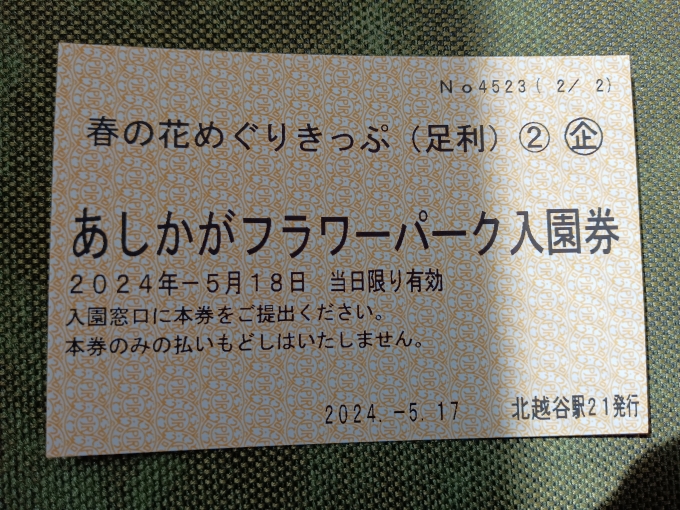 鉄道乗車記録の写真:きっぷ(3)        「春の花めぐりきっぷのあしかがフラワーパーク入場券」