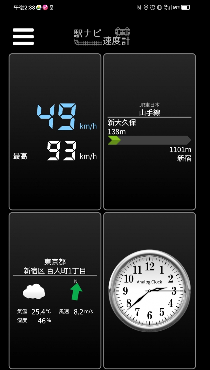 鉄道乗車記録の写真:旅の思い出(5)        「新大久保→新宿を時速49キロで走行中」