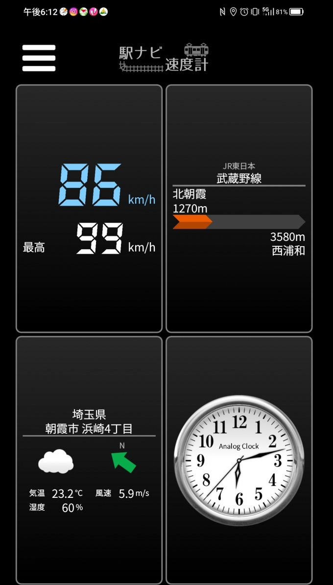 鉄道乗車記録の写真:旅の思い出(4)        「北朝霞→西浦和を時速86キロで走行中」