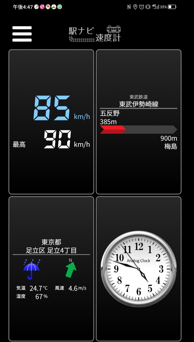 鉄道乗車記録の写真:旅の思い出(1)        「五反野→梅島を時速85キロで走行中」