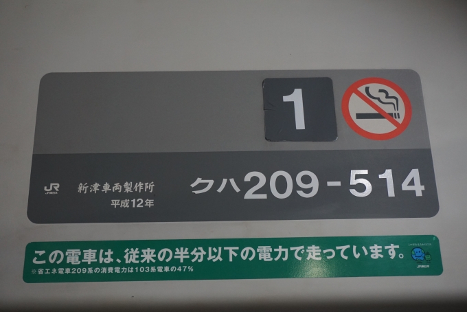 鉄道乗車記録の写真:車両銘板(3)        「JR東日本 クハ209-514」