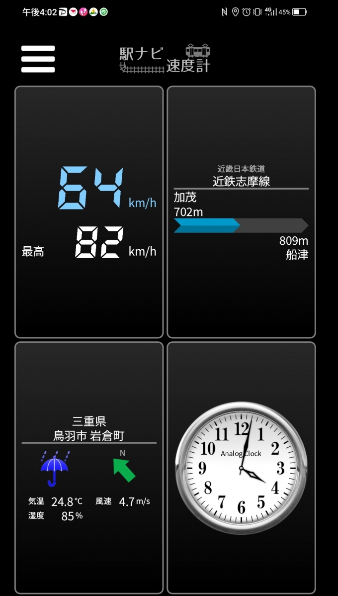 鉄道乗車記録の写真:旅の思い出(28)        「加茂→船津を時速64キロで走行中」