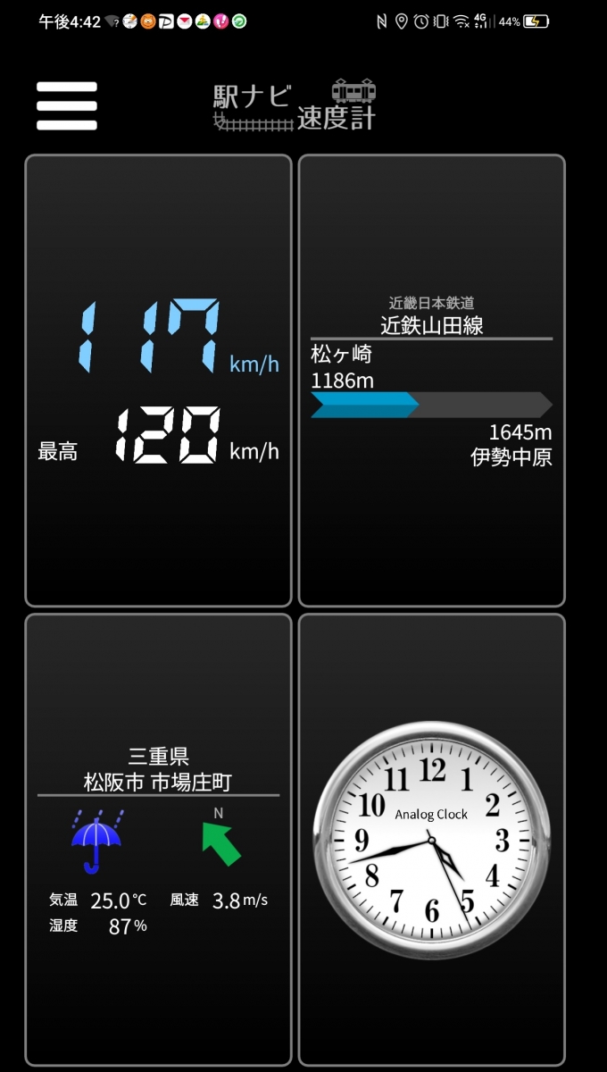 鉄道乗車記録の写真:旅の思い出(34)        「松ヶ崎→伊勢中原を時速117キロで走行中」