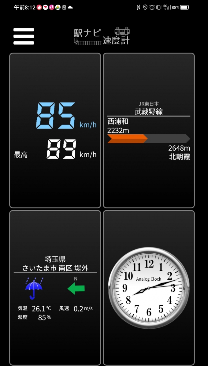 鉄道乗車記録の写真:旅の思い出(12)        「西浦和→北朝霞を時速85キロで走行中」