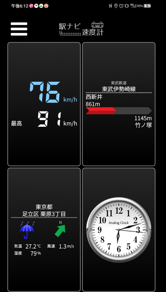 鉄道乗車記録の写真:旅の思い出(3)        「西新井→竹ノ塚を時速76キロで走行中」