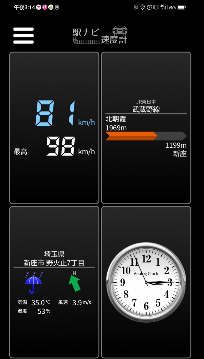 鉄道乗車記録の写真:旅の思い出(4)        「北朝霞→新座を時速81キロで走行中」