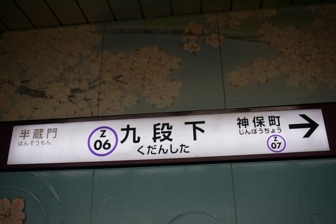 鉄道乗車記録の写真:駅名看板(2)        「半蔵門線九段下駅」