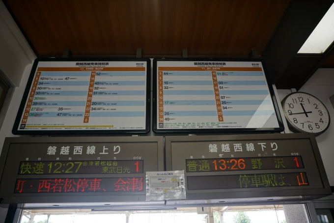 鉄道乗車記録の写真:駅舎・駅施設、様子(1)        「喜多方駅発車案内」
