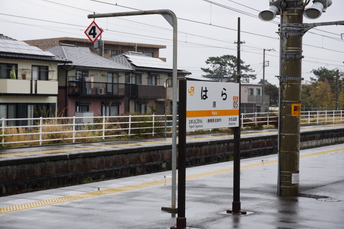鉄道乗車記録の写真:駅名看板(3)        「踏切確認で原駅を定刻から18分遅れで出発」