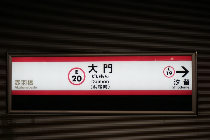 鉄道乗車記録の写真:駅名看板(7)        「大江戸線大門駅」