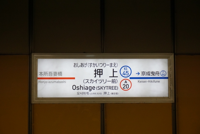 鉄道乗車記録の写真:駅名看板(7)        「都営浅草線押上駅」