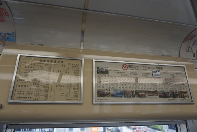 鉄道乗車記録の写真:車内設備、様子(1)          「東京さくらトラム路線図と運賃表」