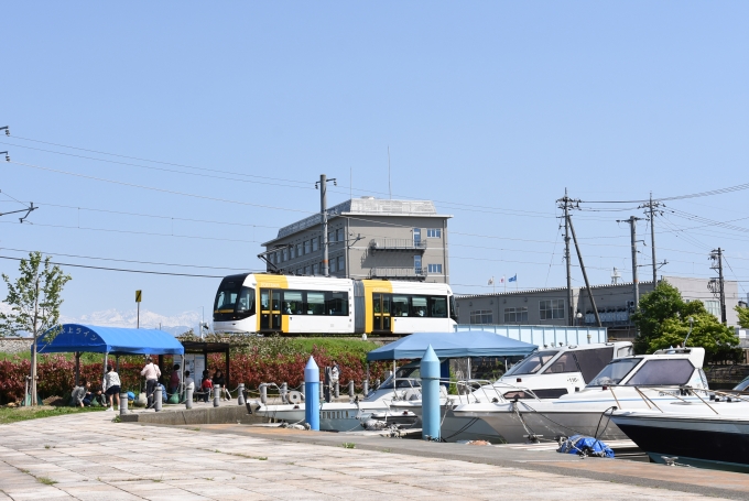 鉄道乗車記録の写真:乗車した列車(外観)(1)          「岩瀬浜駅近くの運河にて撮影のTRL0600形　ポートラムです。車両は富山駅から乗って来た黄色のTRL0603編成です。」