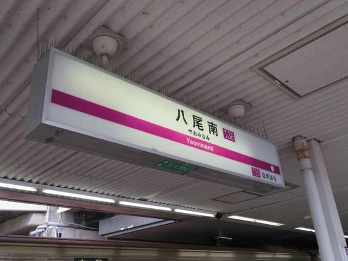 鉄道乗車記録の写真:駅名看板(2)        「八尾南の駅ナンバーは「T36」です」