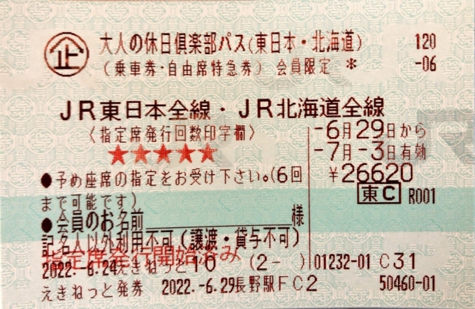 鉄道乗車記録の写真:きっぷ(1)     「　大人の休日倶楽部パス東日本・北海道」