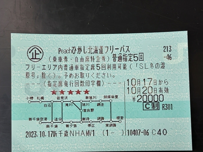 鉄道乗車記録の写真:きっぷ(2)        「　今回は、Peachひごし北海道フリーパスを利用します。」