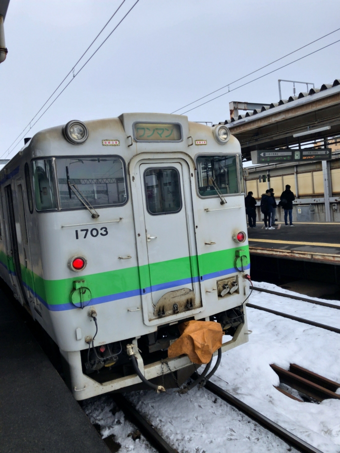 鉄道乗車記録の写真:乗車した列車(外観)(1)        「お別れ乗車です。千歳駅出発時点では空いています。なお、2両編成です。」