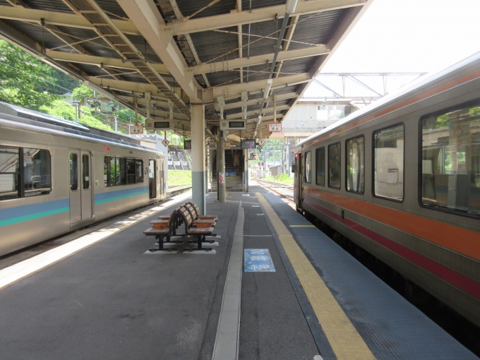 鉄道乗車記録の写真:乗車した列車(外観)(4)        「左が南小谷駅まで乗車した列車、右が今から糸魚川駅まで乗る列車です。」