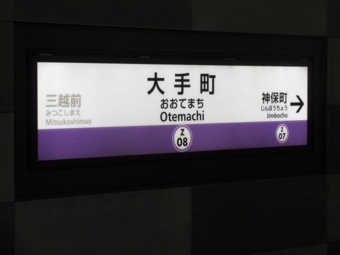 鉄道乗車記録の写真:駅名看板(1)        「東京駅の駅舎を撮影の後、地下に降りて歩いてたら大手町駅に到着。
昨日買ったメトロの24hフリーきっぷはギリギリ使えました。
」