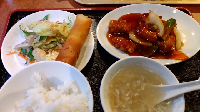 鉄道乗車記録の写真:駅弁・グルメ(1)        「南京町でお昼こはん
私は「酢豚定食」相方は「担々麺と小籠包」でした、美味しかったです。
」
