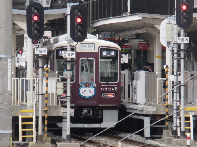 鉄道乗車記録の写真:車窓・風景(4)        「三ノ宮駅ホームから見えた阪急電車の「ハチワレ号」です、乗りたいけど乗れるてしょうか。」