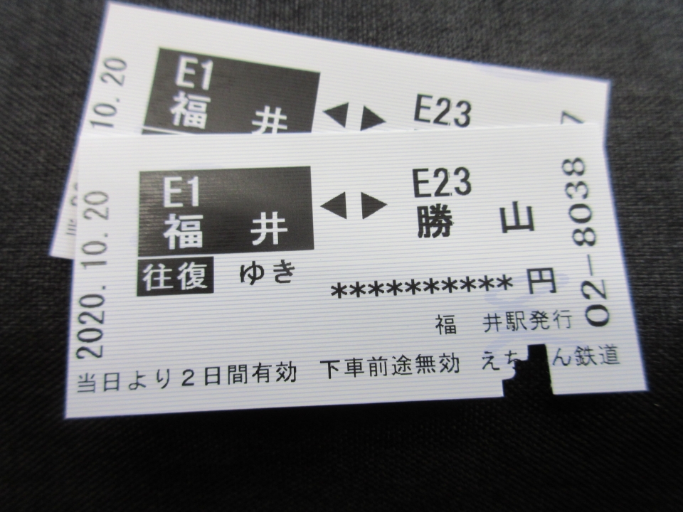 鉄道乗車記録「福井駅から勝山駅」きっぷの写真(3) by いのぶた 撮影日時:2020年10月20日