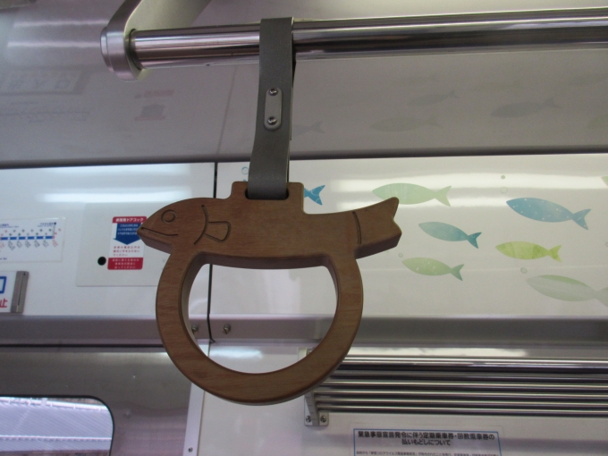 鉄道乗車記録の写真:車内設備、様子(2)        「ねおがわ号の吊り革は魚の形です。」