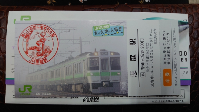 鉄道乗車記録の写真:きっぷ(1)        「恵庭駅の北の大地の入場券です」