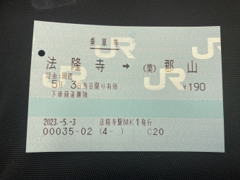 法隆寺駅から木津駅の乗車記録(乗りつぶし)写真