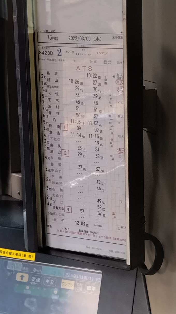 鉄道乗車記録の写真:車内設備、様子(2)        「もう見られない
鳥取ライナーの行路表」